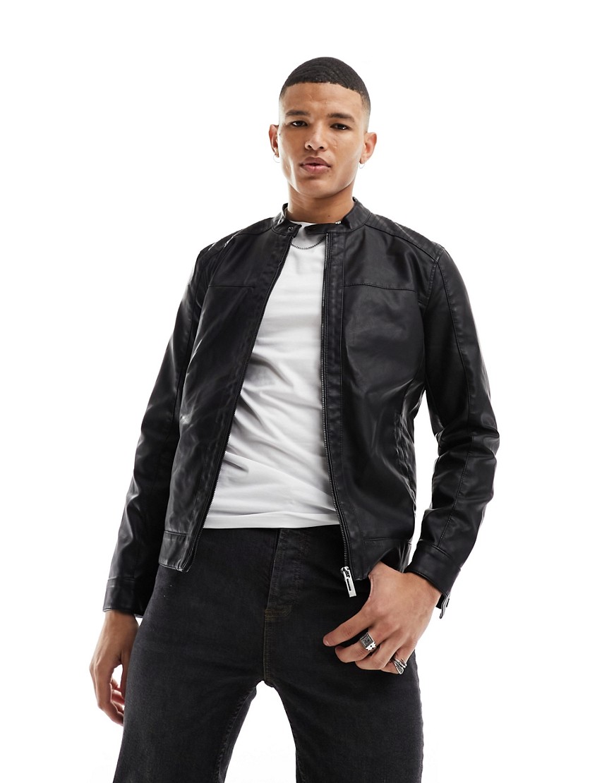 Only & Sons Faux Leather Racer Jacket In Black
