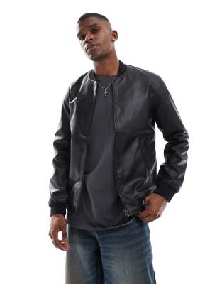 faux leather bomber jacket in black