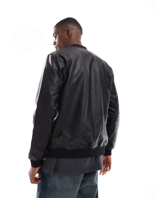 Only Sons Faux Leather Bomber Jacket in Black