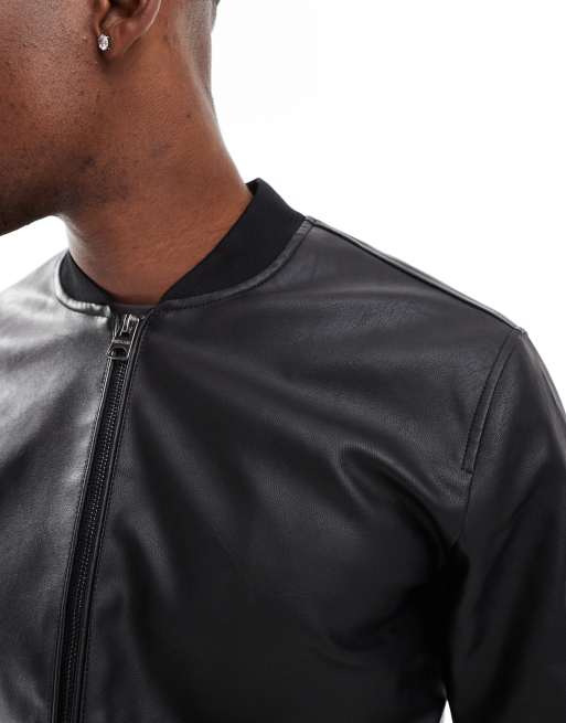 Black faux leather bomber jacket mens hotsell