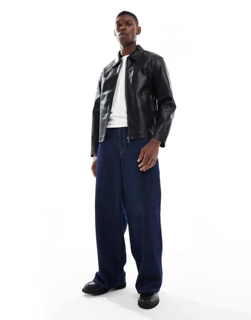 ONLY & SONS faux leather harrington jacket in black, 2 of 5