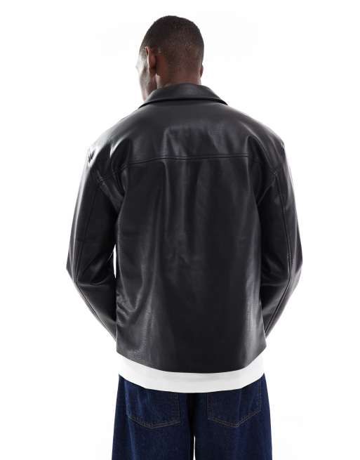 ONLY & SONS faux leather harrington jacket in black, 3 of 5