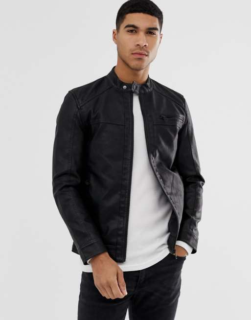 arkiv ære grinende Only & Sons faux leather racer jacket in black | ASOS