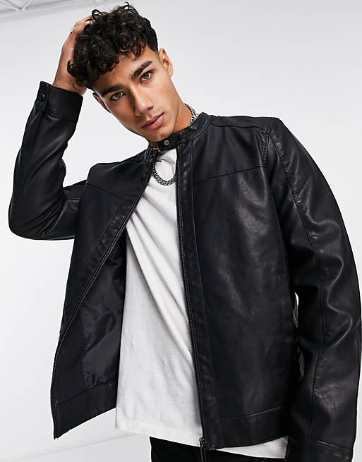 Only & Sons Faux Leather Racer Jacket in Black for Men Mens Clothing Jackets Leather jackets 