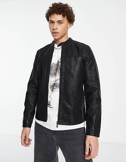 ONLY & SONS faux leather racer jacket in black | ASOS