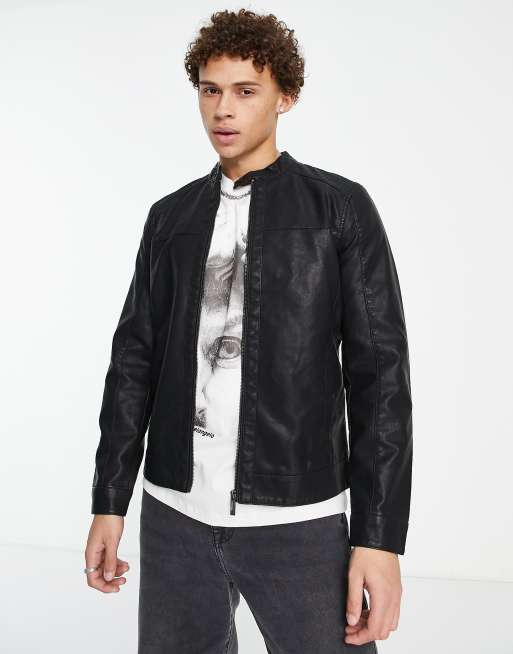 Only & Sons faux leather racer jacket in black | ASOS