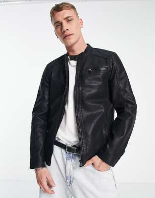 faux leather racer jacket in black