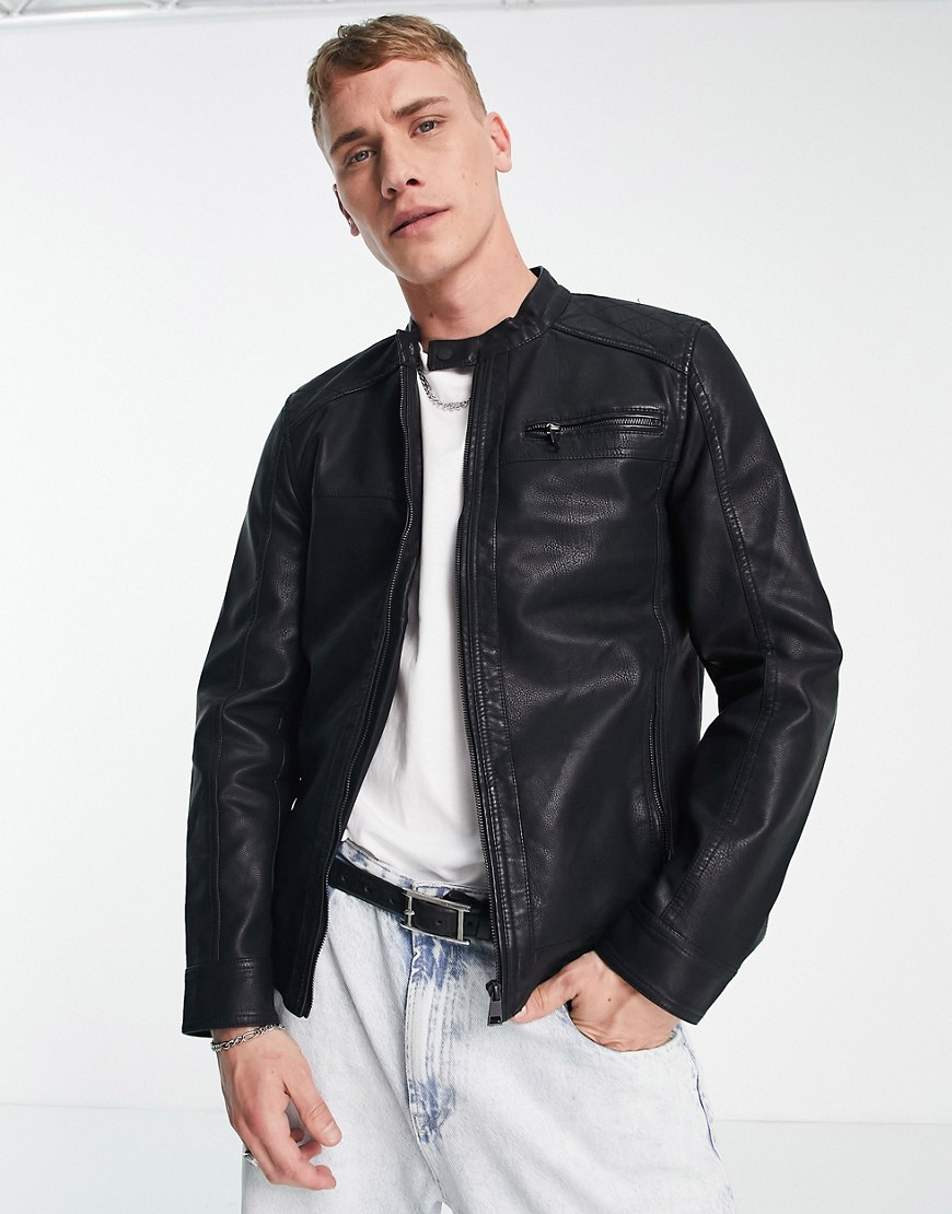 ONLY & SONS faux leather racer jacket in black