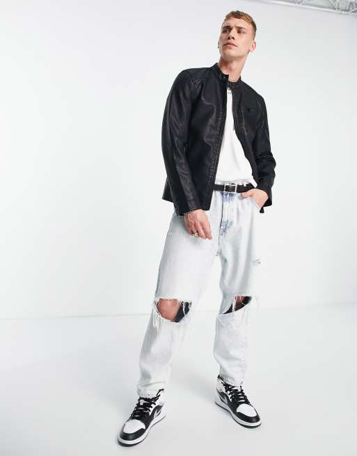 Only Sons faux leather racer jacket in black ASOS