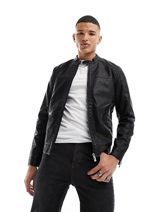ONLY & SONS - faux leather racer jacket in black
