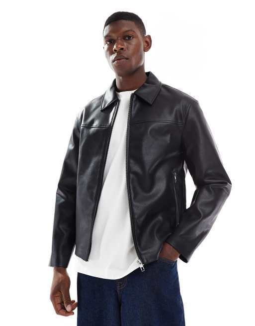 ONLY & SONS faux leather zip-through short jacket in black