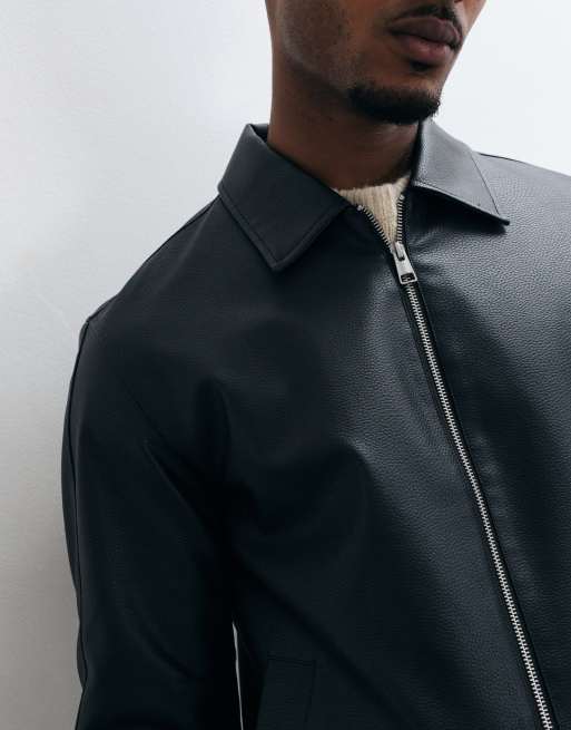 ONLY & SONS faux leather zip up jacket in black, 3 of 5