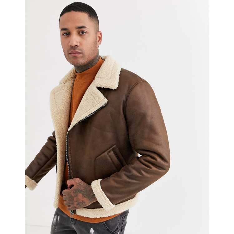 Only & Sons faux shearling aviator jacket in tan