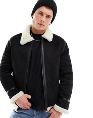 Only & Sons faux suede aviator jacket with borg lining in black  - ASOS Price Checker
