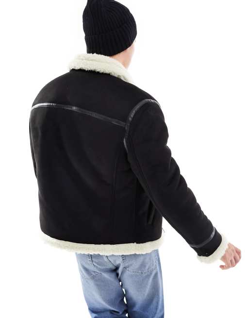 Only & Sons faux suede aviator jacket with borg lining in black