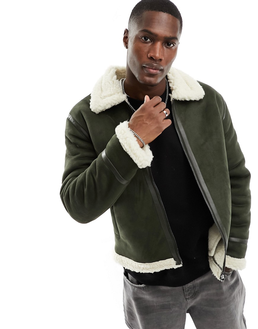ONLY & SONS faux suede aviator jacket with borg lining in khaki-Brown