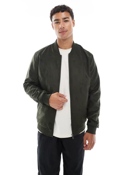 ONLY & SONS faux suede bomber jacket in dark green - view 1