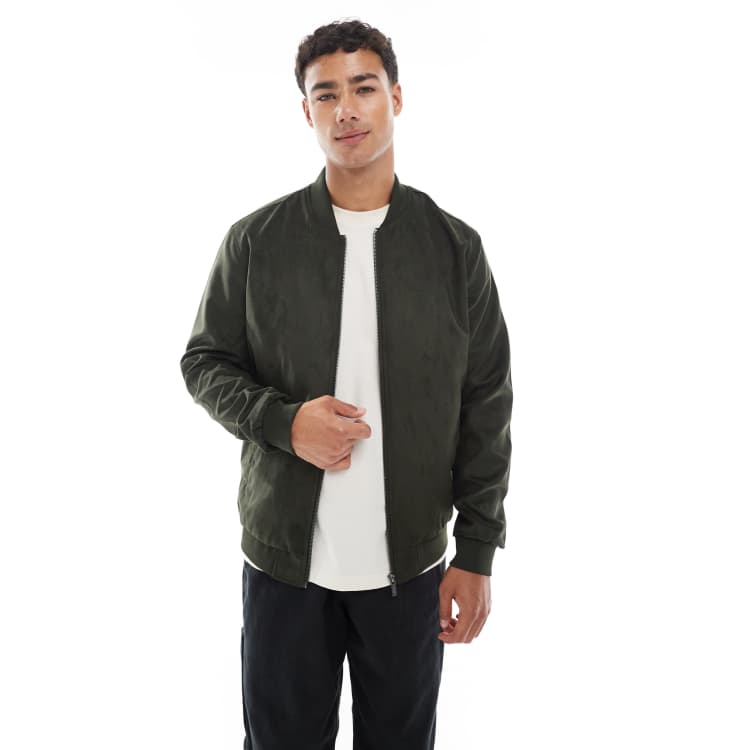ONLY & SONS faux suede bomber jacket in dark green | ASOS