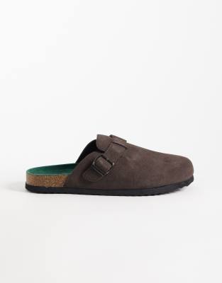 ONLY & SONS faux suede clogs with buckle in chocolate-Brown