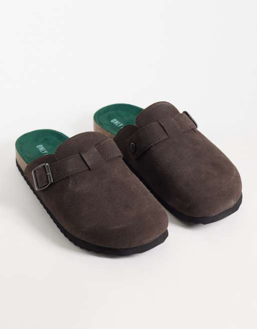 ONLY & SONS faux suede clogs with buckle in chocolate, 2 of 4