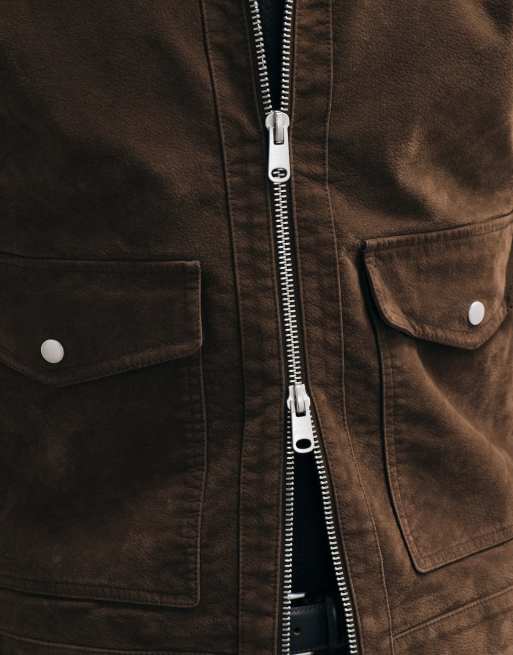 ONLY & SONS faux suede double zip jacket in chocolate, 2 of 5