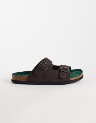  faux suede mule sandals in chocolate