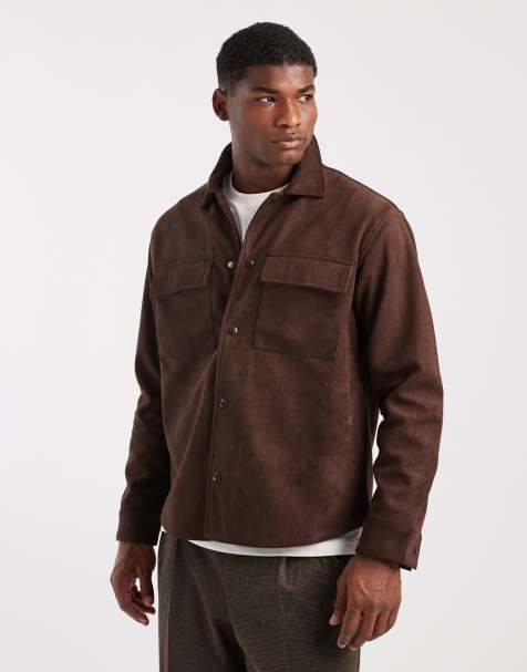 ONLY & SONS faux suede overshirt in chocolate