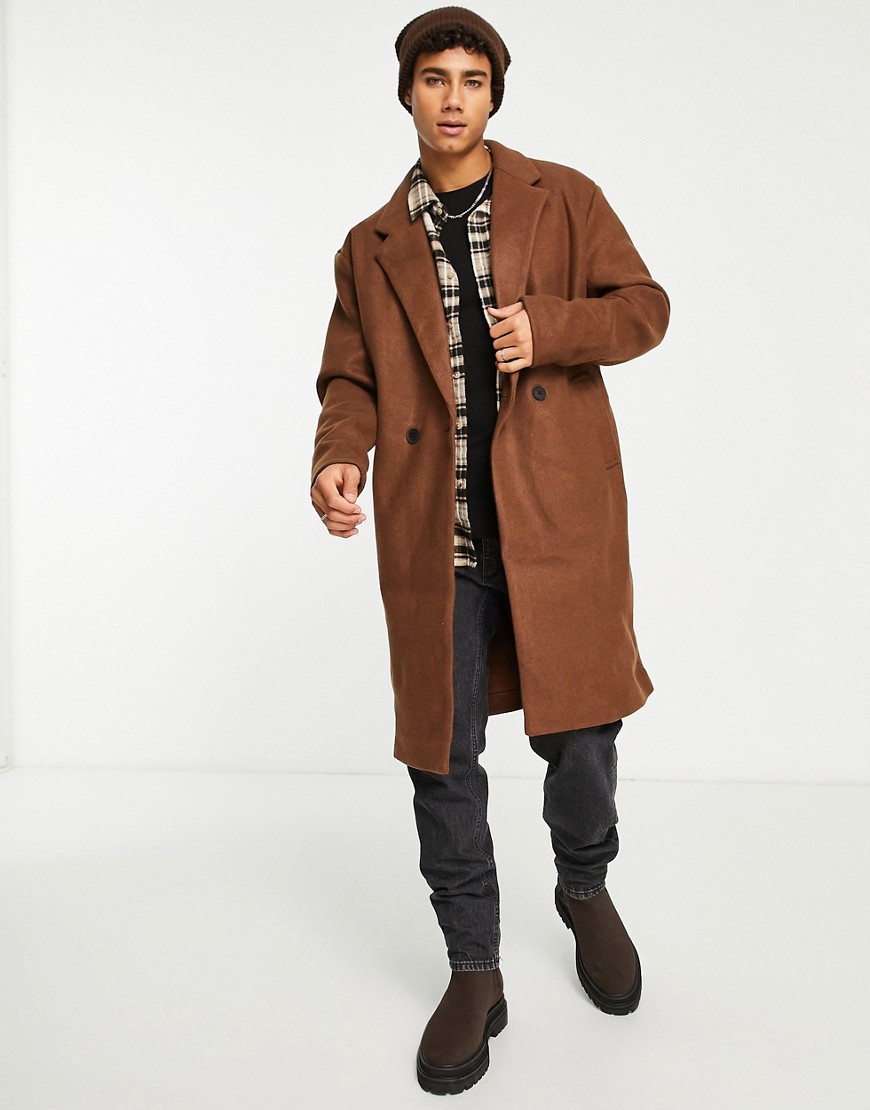 Only & Sons faux wool double breasted overcoat in brown