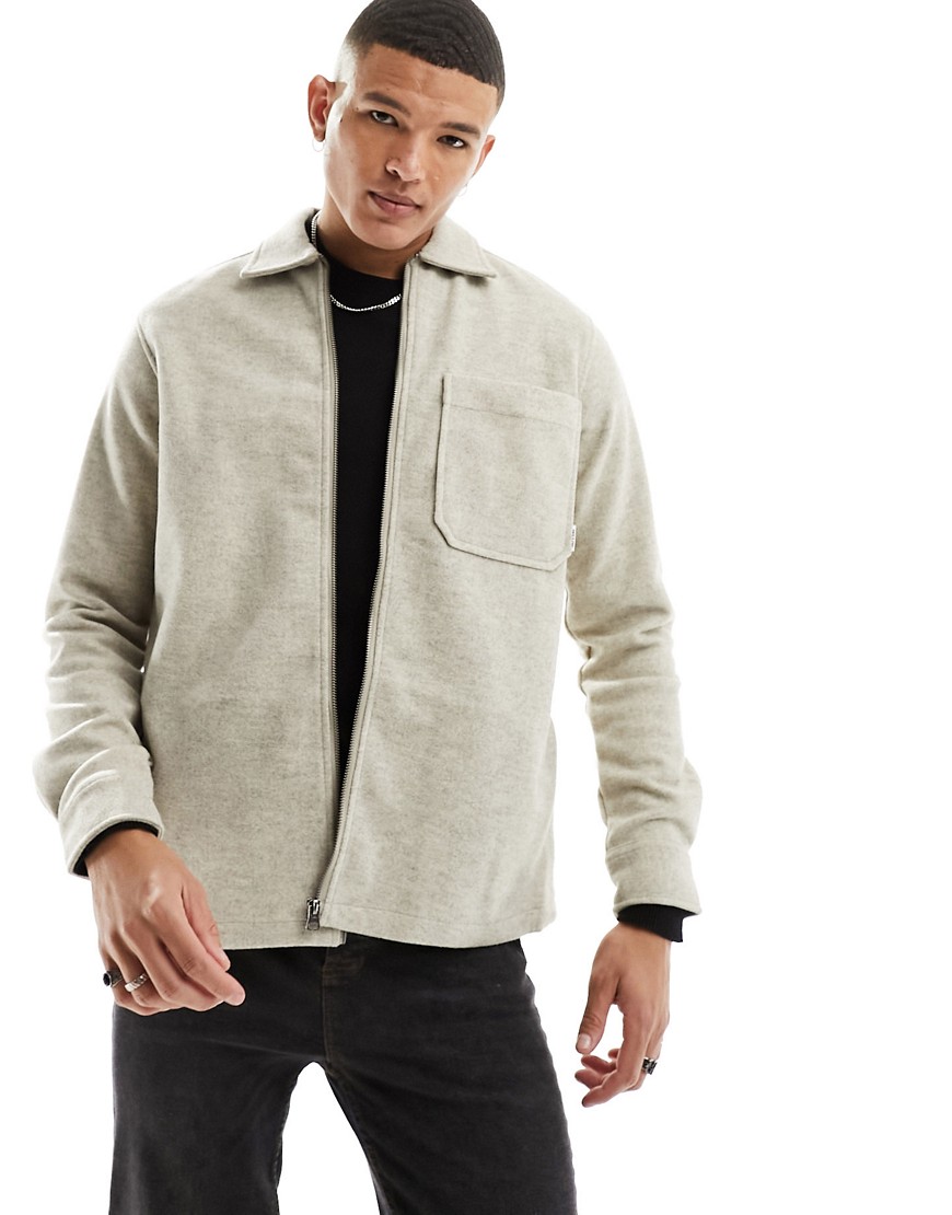 faux wool fleece zip overshirt jacket in beige-Neutral