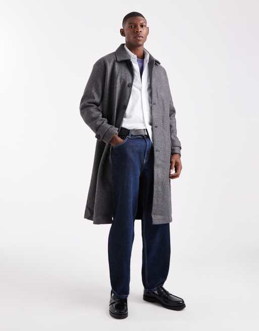 ONLY & SONS faux wool longline mac in charcoal