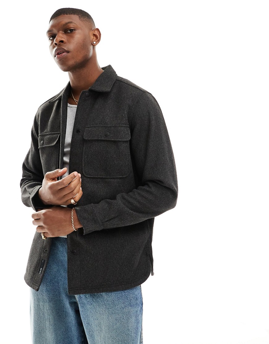 ONLY & SONS faux wool overshirt in charcoal-Black