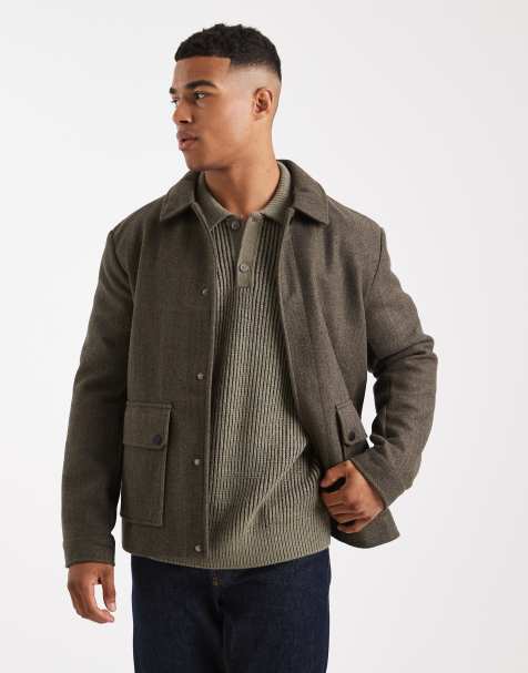 ONLY & SONS faux wool pocket detail short jacket in dark brown green - view 1