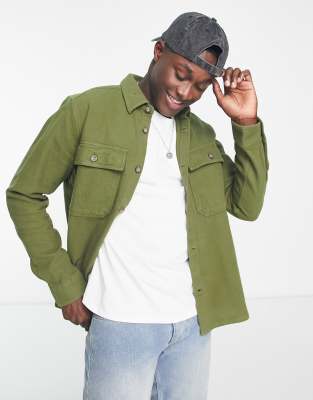 Only & Sons Flannel Overshirt In Khaki-green