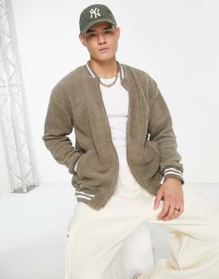 Only & Sons fleece bomber jacket in beige-Neutral