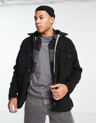 Only & Sons Fleece Overshirt With Teddy Lining In Black | ModeSens