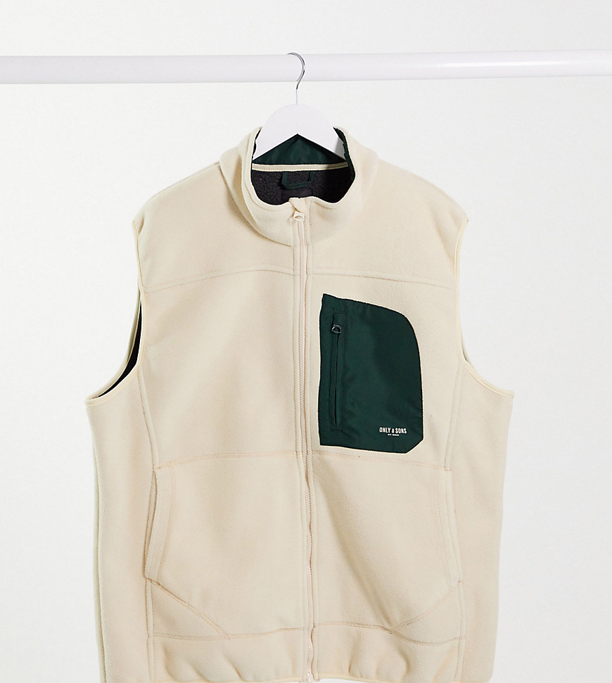 Only & Sons fleece vest with contrast pocket in stone-Beige