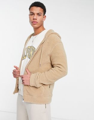 Only & Sons fleece zip hoodie in beige