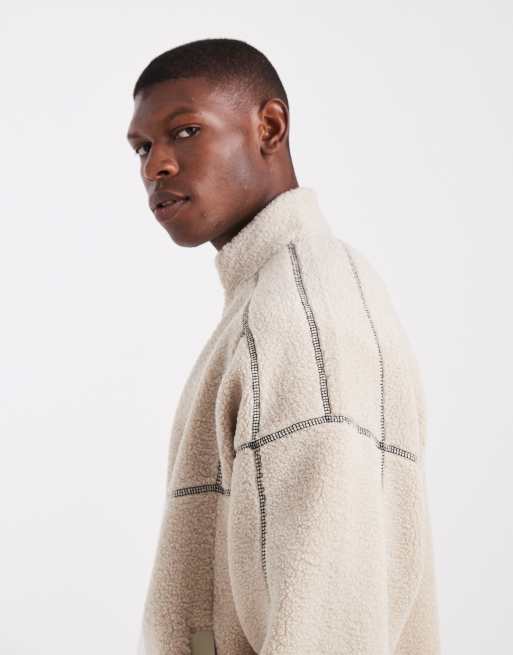 ONLY & SONS full zip high neck contrast stitch fleece in light beige, 4 of 5