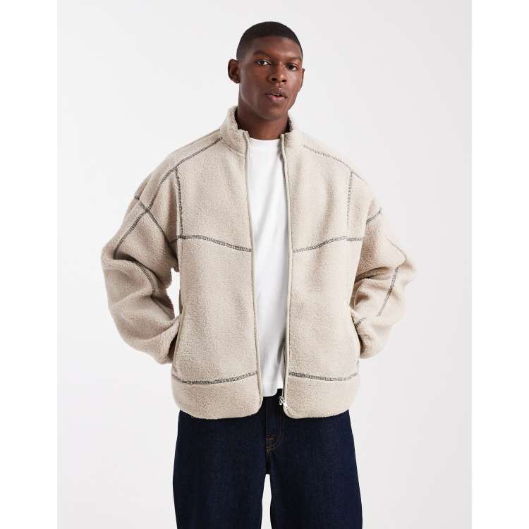 ONLY & SONS full zip high neck contrast stitch fleece jacket in