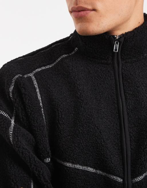 ONLY & SONS full zip high neck contrast stitched fleece jacket in black, 5 of 5