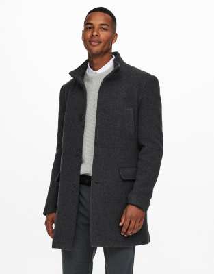 Only & Sons funnel neck coat in grey