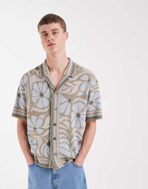 ONLY & SONS - Gebreid overhemd in beige met blauwe bloemenprint - view 1