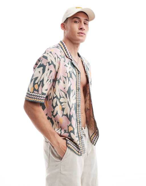 Only & Sons - Gebreid overhemd met reverskraag en abstracte bloemenprint in roze