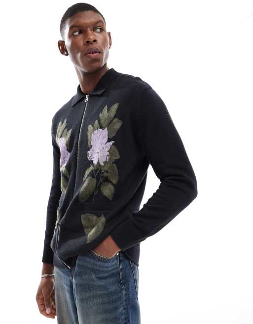 Only & Sons - Gebreid overshirt met rits en bloemenborduursels in zwart