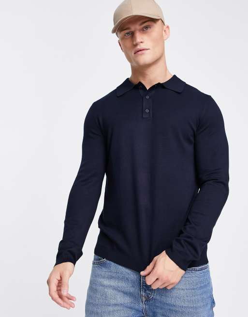 Only & Sons - Gebreide polo met lange mouwen in marineblauw 