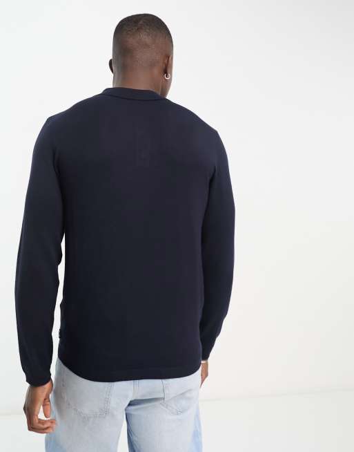 Only & Sons - Gebreide polo met lange mouwen in marineblauw, 3 van 4