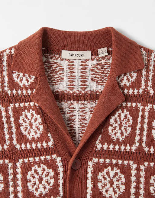 ONLY & SONS – Gehäkeltes Hemd in Rostbraun mit cremeweißem Blumendetail, 8 von 9