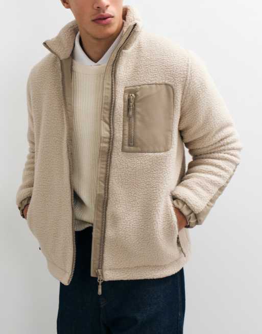 ONLY & SONS gepolstertes Sherpa-Fleece mit Kontrasttasche in Cremeweiß, 3 von 5