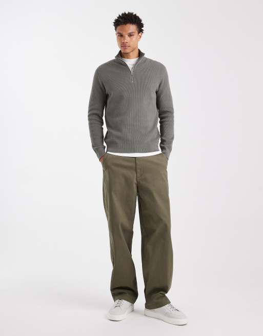 ONLY & SONS – Gerippter Pullover in Graugrün mit kurzem Reißverschluss, 2 von 6
