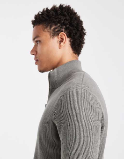 ONLY & SONS – Gerippter Pullover in Graugrün mit kurzem Reißverschluss, 4 von 6